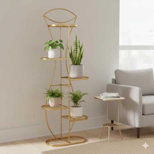 Image of Designer Metal Plant Stand for Living Room | Decorative Leaf Shape Flower Pot Stand | Indoor Outdoor Planter Rack | Modern Plant Holder for Balcony, Home Decor | Gold
