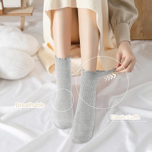 Image of 6 Pairs Ruffle Socks for Women Girls,Casual Cute Ankle Socks Breathable Knit Cotton Warm Soft Frilly Crew Sock