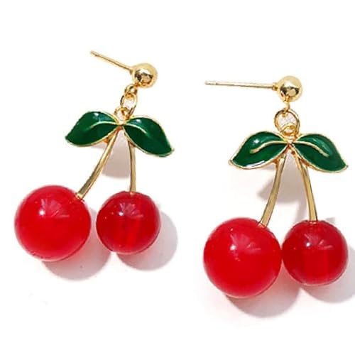Cherry Earrings for Women Cute Funny 3D Cherry Earrings for Women Green Leaf Red cherries Dangle Hypoallergenic Jewelry