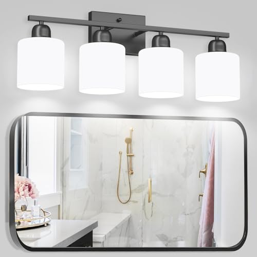 Image of 4-Light Black Bathroom Vanity Light, Light Fixtures with Milky White Frosted Glass Shades, Black Vanity Light for Bathroom Mirror, Bedroom, Living Room, Vanity Table, E26 Base