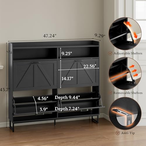 Image of BORNOON Shoe Cabinet with 4 Flip Drawers Narrow Shoe Storage Cabinet Organizer Wooden Freestanding Shoe Rack Hidden Slim Shoes Storage Cabinet for Entryway, Hallway, Living Room, Bedroom