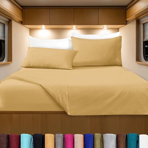 Image of Elegant Comfort Luxurious 1500 Premium Hotel Quality Microfiber Three Line Embroidered Softest 4-Piece Bed Sheet Set, Wrinkle and Fade Resistant, RV Short Queen, Gold