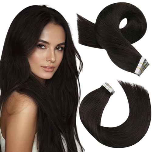 Image of Moresoo Darkest Brown Hair Extensions Tape in, 16 Inch, 20Pcs, 50g | Human hair tape in extensions, skin weft tabs, dark brunette tone, medium length, center parts and half-up styling use