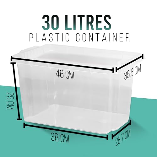 4 x 30 Litre Clear Plastic Storage Boxes With Lids Set of 4, Strong Multipurpose Stackable Plastic Storage Box With Lid 30L Clear Containers For Home, Kitchen, Garage, Office