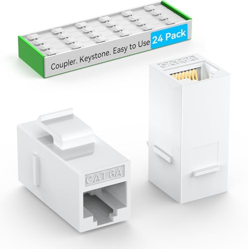 Image of Sokqovt CAT6a RJ45 Keystone Coupler (24 Pack), Cat6a Keystone Coupler Female to Female, Cat 6 Keystone Coupler for Wall Plate & Patch Panel, Ethernet Keystone Coupler White