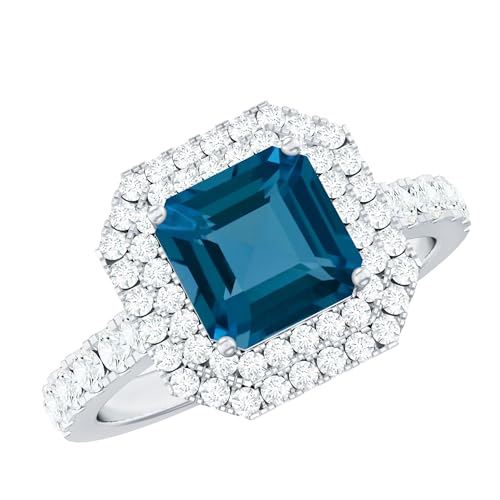 Natural London Blue Topaz 8 mm Asscher Engagement Ring, AAA Quality, Topaz Moissanite Double Halo Ring