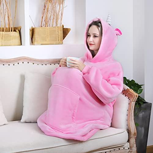 Queenshin Unicorn Oversized Hoodie Wearable Blanket for Womens, Kawaii Adults Sherpa Hoody Sweatshirt, One Size
