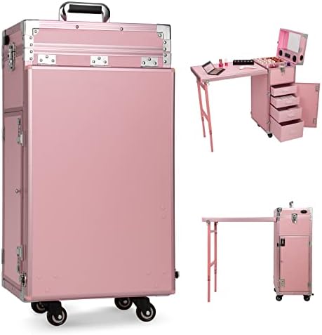Icoget Portable Rolling Manicure Table Foldable Traveling Nail Desk w/Storage, Makeup Train Case w/Worktable and Mirror, Bluetooth Player Cosmetic Trolley Case Nail Table, Pink