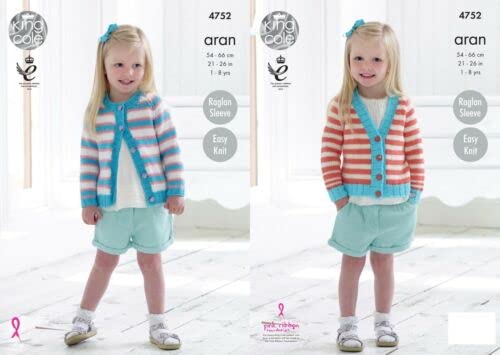 King Cole 4752 Knitting Pattern Girls Easy Knit Raglan Sleeve Cardigans in King Cole Comfort Aran