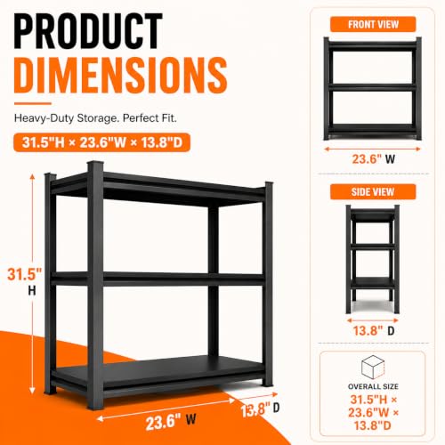 Image of Metal Garage Shelving Unit, Heavy Duty Adjustable Storage Shelves, Steel Shelving, 2000 lbs Capacity Shelves for Heavy Tools and Equipment, 3-Tier, 31.5 inch H x 23.6 inch W x 13.8 inch D