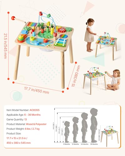 VEVOR Holz Aktivitätstisch, Montessori Spielzeug, 13-in-1-Lerntisch, Spieltisch Aktivitätstisch für Kinder ab 6 Monaten, Geburtstag, Weihnachten oder Kindertag, 6-36 Monate