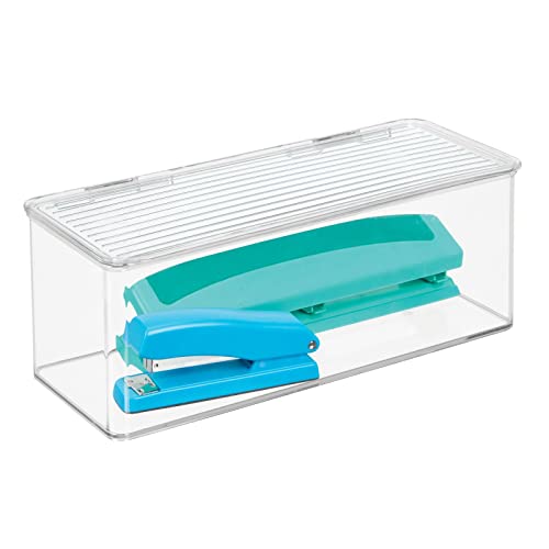 Mdesign Plastic Stackable Storage Organizer Box With Hinged Lid - Long Home Office Holder Supply Bin For Note Pads, Gel Pens, Staples, Tape, Highlighters, Or Dry Erase Markers - Clear #TOP6