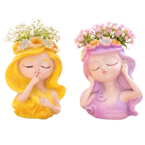 Image of Cute Beautiful Yellow & Purple Girl Resin Succulent Planter Flower Pot Handicraft Pack of 2 Indoor Outdoor Flower Pot Handicraft Planter, Plant Container Set