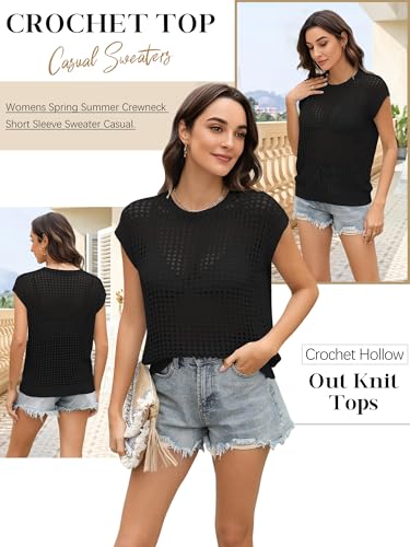 Image of Womens Summer Crochet Tops Hollow Out Cap Sleeve Cover Up Tank Top Pullover Sweater Vest Beach Vacation Clothes