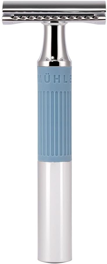 MÜHLE NEO safety razor - a beginner-friendly wet shaving razor - metal with rubber grip - glacier blue