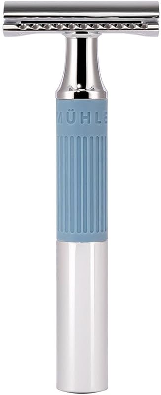 Aparelho de barbear de segurança MÜHLE NEO com cabo de silicone azul-glacial e acabamento cromado