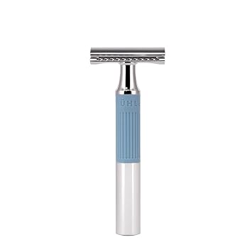 MUHLE NEO safety razor|double edge safety razor for beginners and experienced shavers|sustainable eco-friendly and reusable|for men and women|chrome with glacier blue silicone grip handle