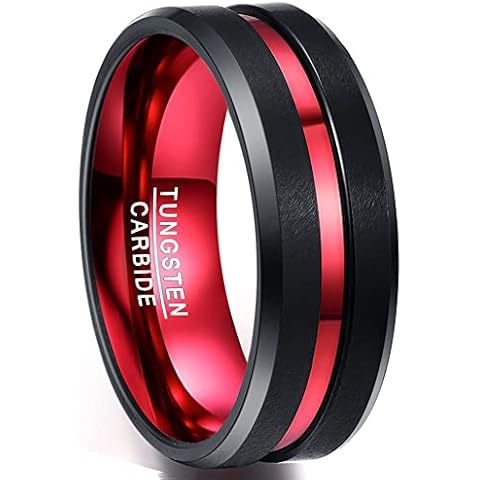 NUNCAD 8mm Tungsten Carbide Ring Black Polished Finish Red Center Groove Comfort Fit Size 6.5 Cover