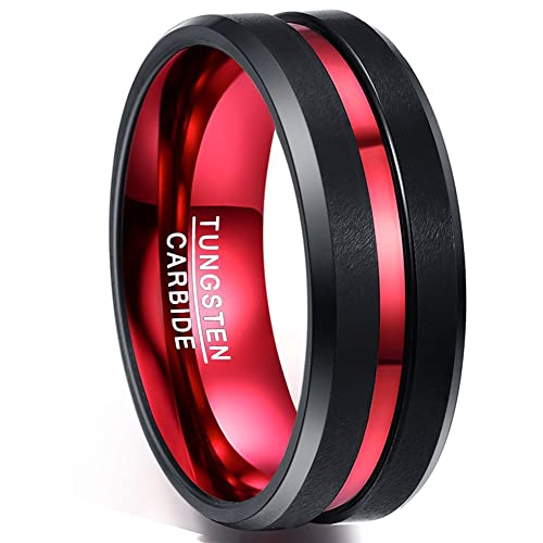 NUNCAD 8mm Men's Tungsten Rings Black Red/Blue/Rose Gold Grooved Center Matte Finish Wedding Band Polished Beveled Edges Size 4 to 16