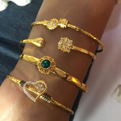 Image of Touchstone Indian Bollywood Handcrafted Engraved Etched Floral Round Rhinestones Cubic Zirconia CZ Designer Jewelry Openable Elegant Gold Plated Bracelets Combos for Women