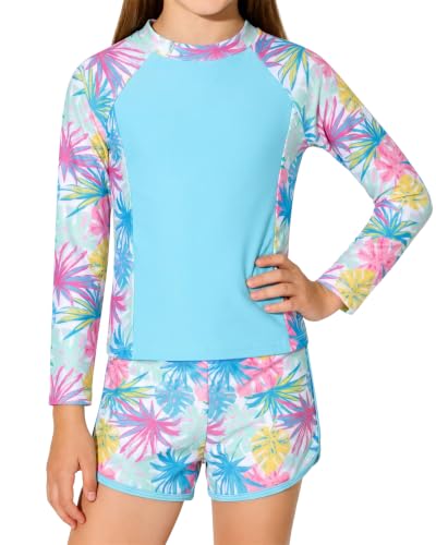 Image of Girls Rash Guard Long Sleeve Swimsuit 2 Piece Bathing Suit UPF 50+ Summer Beach Swimwear for Girl 5-14 Years