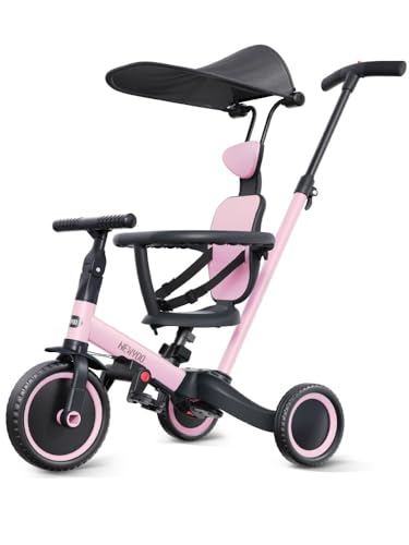 newyoo Tricycle for Toddlers 1-3, Toddler Tricycle with Push Handle and Canopy, Toddler Bike, Birthday Gift and Toys for Girl and Boy, 6 in 1 Baby Trike, Balance Bike, TR009, Pink