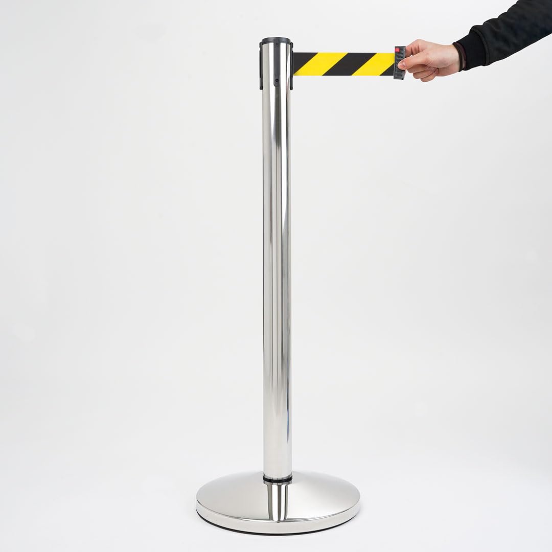 Danieli Store - Postes Separadores en Acero Cromado Pulido con Cinta de 3mt Amarillo y Negro - Base Reforzada y Goma Antideslizante - Cinta Retráctil y con Sistema de Seguridad (Amarillo y negro)