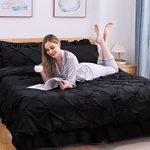 JOLLYVOGUE Black Cal King Size Comforter Sets 7 Pieces, Pintuck Bed in a Bag Comforter Set for Bedroom, Bedding Comforter Sets with Comforter, Sheets,Ruffled Shams & Pillowcases