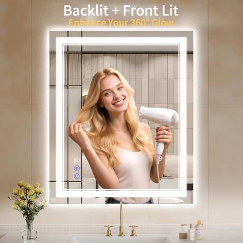Image of 30 inchx36 inch LED Bathroom Mirror with Lights, Anti-Fog, Backlit + Front Lit, Dimmable, Led Vanity Mirror for Wall, Lighted Bathroom Mirror, 3 Colors, Shatter-Proof Tempered Glass