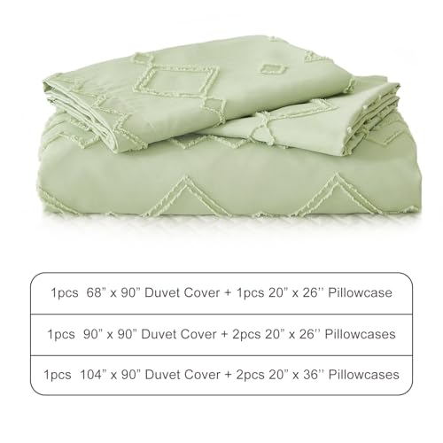 Image of EMME Green Tufted Duvet Cover Set, Boho Bedding for All Seasons - 1 Duvet Cover + 1 Pillowcase (Sage Green, Twin)