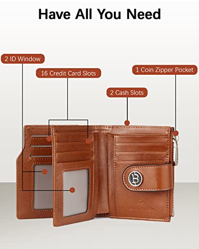 Image of BOSTANTEN Women Leather Wallet Small RFID Blocking Bifold Zipper Pocket Wallet Card Case with ID Window Brown