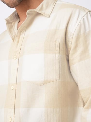 Image of The Souled Store: Driftwood Men and Boys Long Sleeve Spread Collar Beige Plaid Checked Regular Fit Easy to Wear Casual Streetwear Cotton Linen Shirt