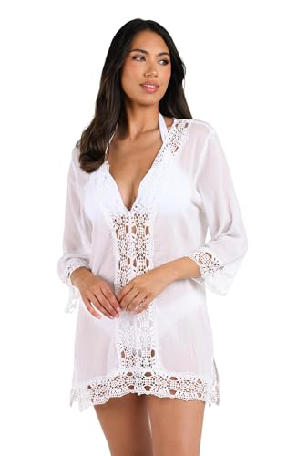 La Blanca Women's Plus-Size Island Fare V-Neck Womens Tunic Cover Up Swimwear, White, 1X