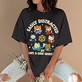 Easily Distracted by Cats and Side Quests Shirt Men - D20 Side Quest Master Tshirt for Women- Dungeon Cat Tee - Roll Concentration Dungeons Meowster Xmas Shirts (Black-3XL)