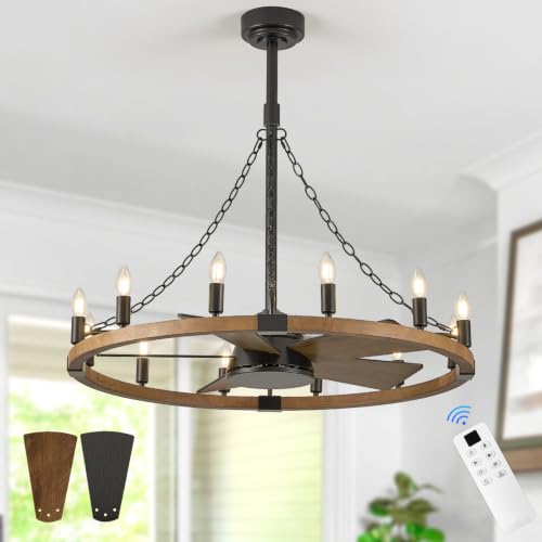 Image of Oak Wooden Wagon Wheel Chandelier Fans 12-Light 36 inch Fandelier