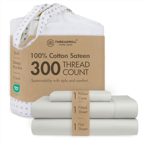 Image of Threadmill 300TC Cotton Twin XL Sheet Set, Sateen, Solid, Light Grey | 100% Cotton, Sateen Weave, 3-Piece Set, 16 inch Deep Pocket, Cooling, Breathable, Pill-Resistant, OEKO-TEX Certified