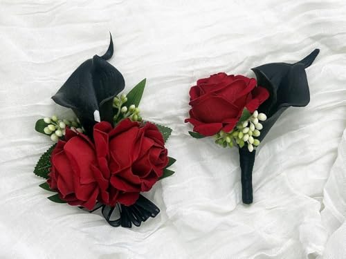 DESUNESS Red Rose Wrist Corsage Wristlet Band Bracelet and Men Boutonniere Set with Black Calla Lily for Wedding Flower Accessories Prom Suit Decorations