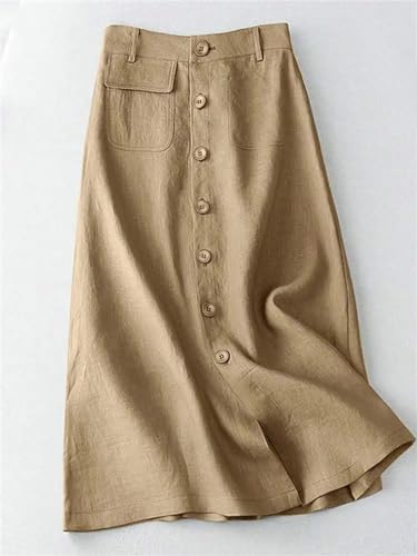 Cotton Midi Skirts Casual Button Up A-Line Skirt Women High Waist Summer Solid Vintage Skirt2
