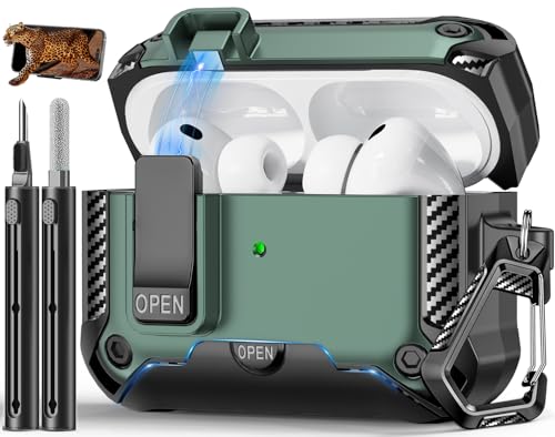 Image of for AirPods Pro 3 Case with Lock & Phone Stand(Green) | Automatic Snap Switch Lock,Carbon Fiber Texture Design Cover with Cleaner Kit