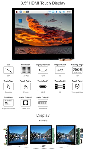 Image of waveshare 3.5inch HDMI LCD, Compatible with Raspberry Pi 5 /4B /3B /Zero /Zero W /Zero 2W /Pico /Pico W /Pico WH, Capacitive Touch IPS LCD Display, 640x480, Audio Jack