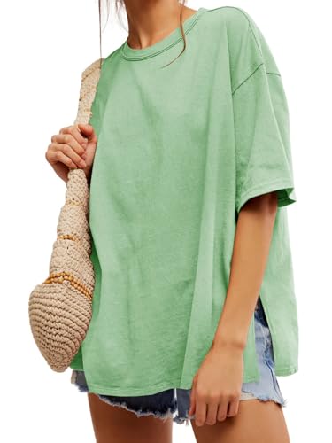 Tankaneo Womens Oversized Tshirts Summer Casual Short Sleeve Crew Neck T Shirt Loose Fit Side Slit Tee Tops Mint Green