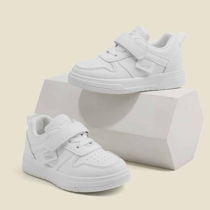 Kids White Sneakers with Hook and Loop Closure, Perforated Design, Non-Slip Sole3