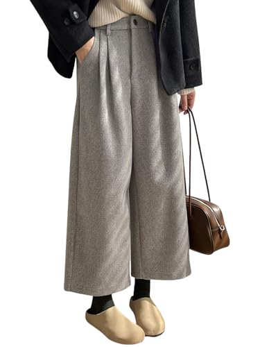 chouyatou Women's Fall Winter Wool Culottes Cropped Pants Elastic High