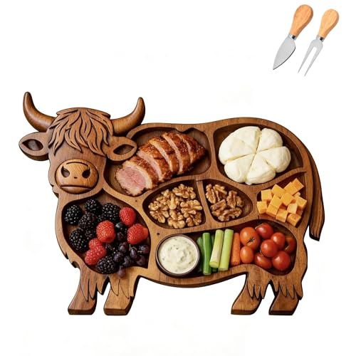 Highland Cute Cow Wooden Charcuterie Board with Fork&Knife, Wooden Cow Food Platter, with Compartments for Cheese, Meat, Fruit & Snacks (A)