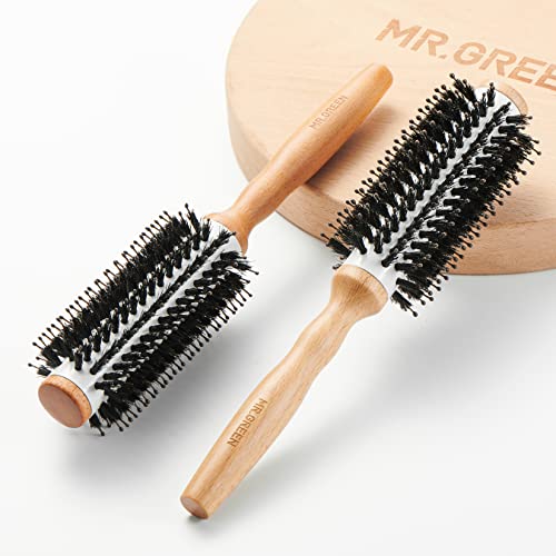 MR.GREEN Boar Bristles Hair Brush, Natural Beech Comb Detangling Round Comb for Blow Drying Curling or Straightening for Women & Men