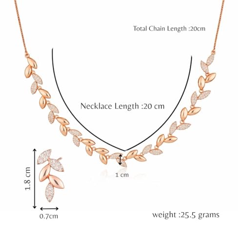 Image of Nilu's Collection Rose Gold Plated American Diamond Floral Leaf Necklace Set with Matching Drop Earrings For Women And Girls | Anti-Tarnish | Anti-Allergy | Office Wear