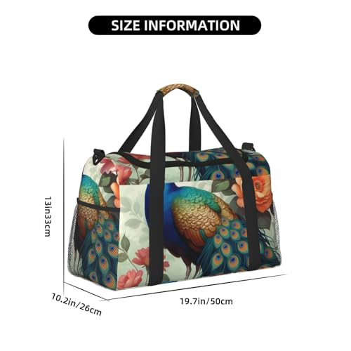 Peacock Floral Print Travel Duffle Bag - Foldable Personal Item Travel Bag for Women & Men,Carry-On Convertible Crossbody Tote Bags with Adjustable Shoulder Strap & Pockets 13x10.2x19.7 in4