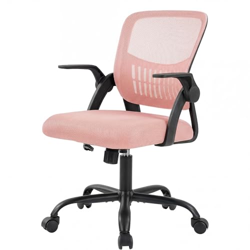 Image of Sweetcrispy Home Office Managerial Executive Chair, Flip Up Armrest Ergonomic Mesh Adjustable Swivel Mid-Back Computer Desk Chair with Comfortable Lumbar Support, Comfy Arms for Bedroom,Blak&Pink