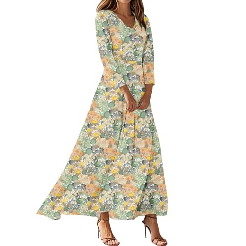 Generisch Herbstkleid Damen Lang Elegante Maxikleid V-Ausschnitt Boho Kleid 3/4 Ärmel Blumenkleid Tunika Kleider Damen Herbst Schickes Lockeres...