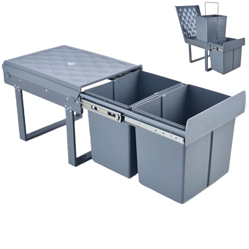 MinteLiv Einbaumülleimer Küche 2 Fächer (2x15L) Mülltrennsystem 5-Punkt-Verstärkung ausziehbarer Unterschrank-Mülleimer abnehmbarer Deckel geruchsminimierend 48x33 5x35 3cm Grau